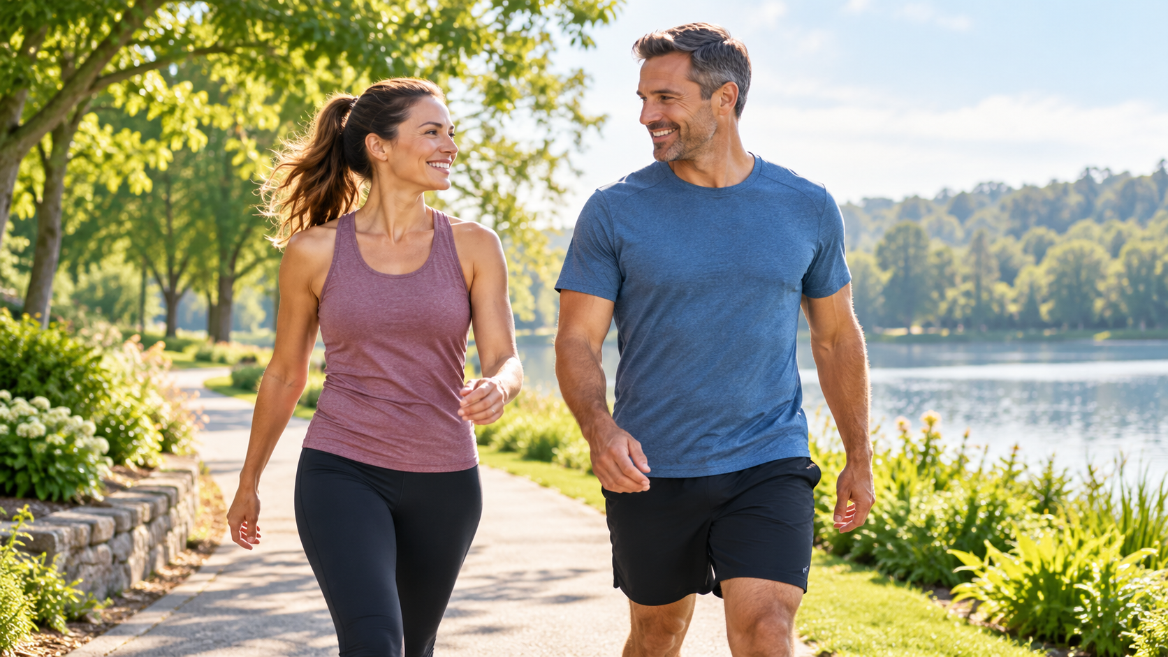 Man and woman walking by a lake as part of a healthy lifestyle